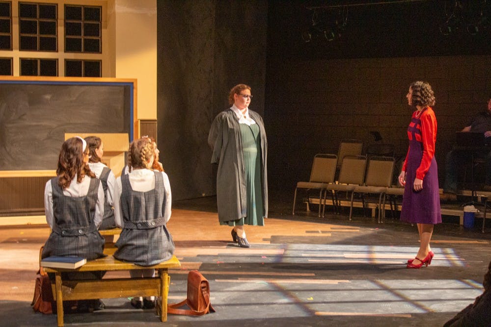 <p>Actors and actresses rehearse their part in The Prime of Miss Jean Brodie on Monday. The rehearsal is in preparation for the opening show in the CFA Black Box Theatre on Wednesday.</p>