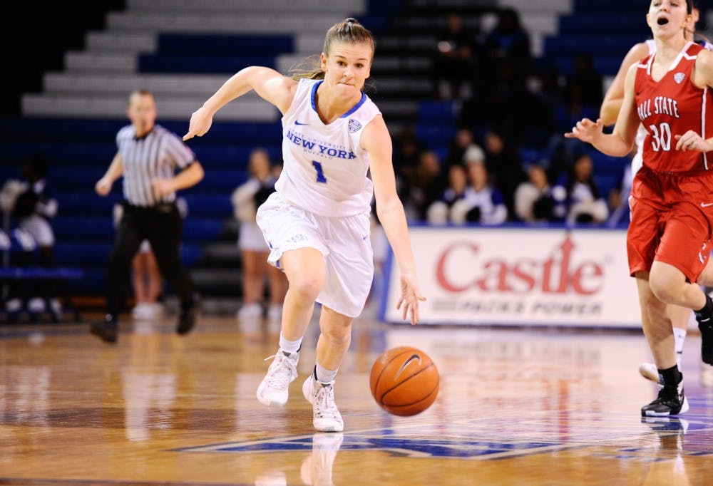 <p>Sophomore guard Stephanie Reid looks to push the pace against Ball State earlier this season. The Bulls dropped their second consecutive game in a 71-60 loss to Toledo Wednesday.</p>