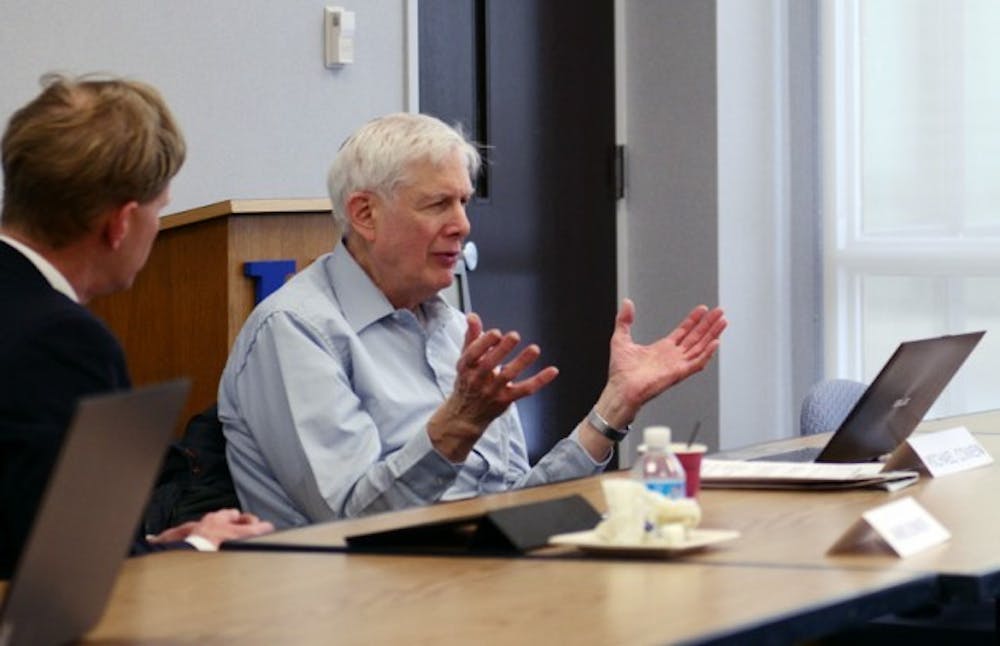 Mathematics professor Michael Cowen at Wednesday&#39;s Faculty Senate Executive Committee meeting. The committee discussed&nbsp;making&nbsp;policies to regulate professors selling self-published textbooks to their students.&nbsp;Kainan Guo, The Spectrum