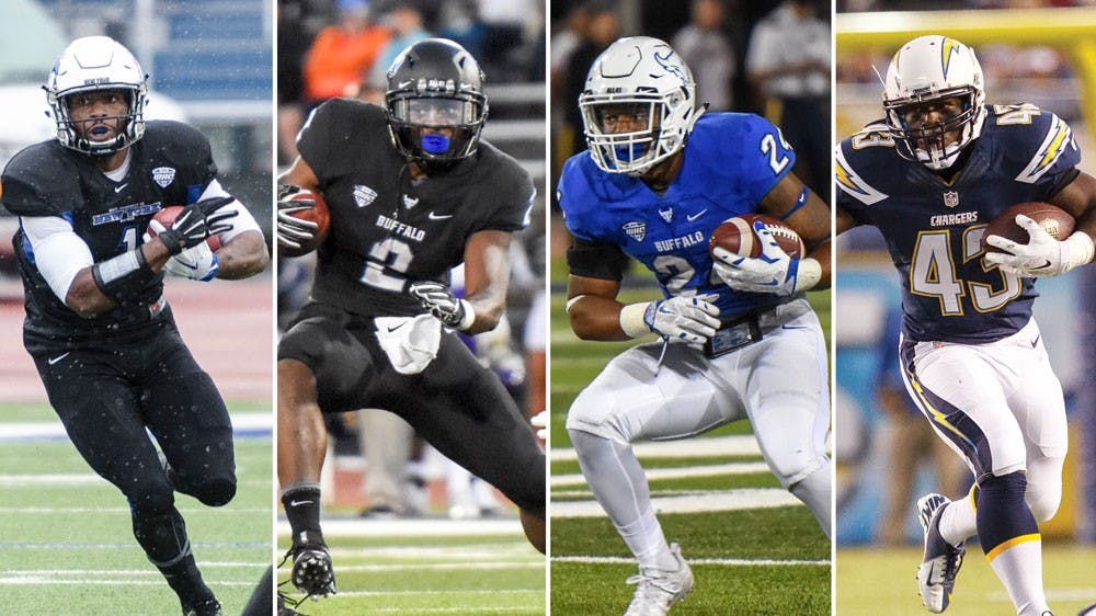 <p>Left to right: Anthone Taylor, Jordan Johnson, Jonathan Hawkins and Branden Oliver are among UB running backs coached by Matt Simon.&nbsp;</p>