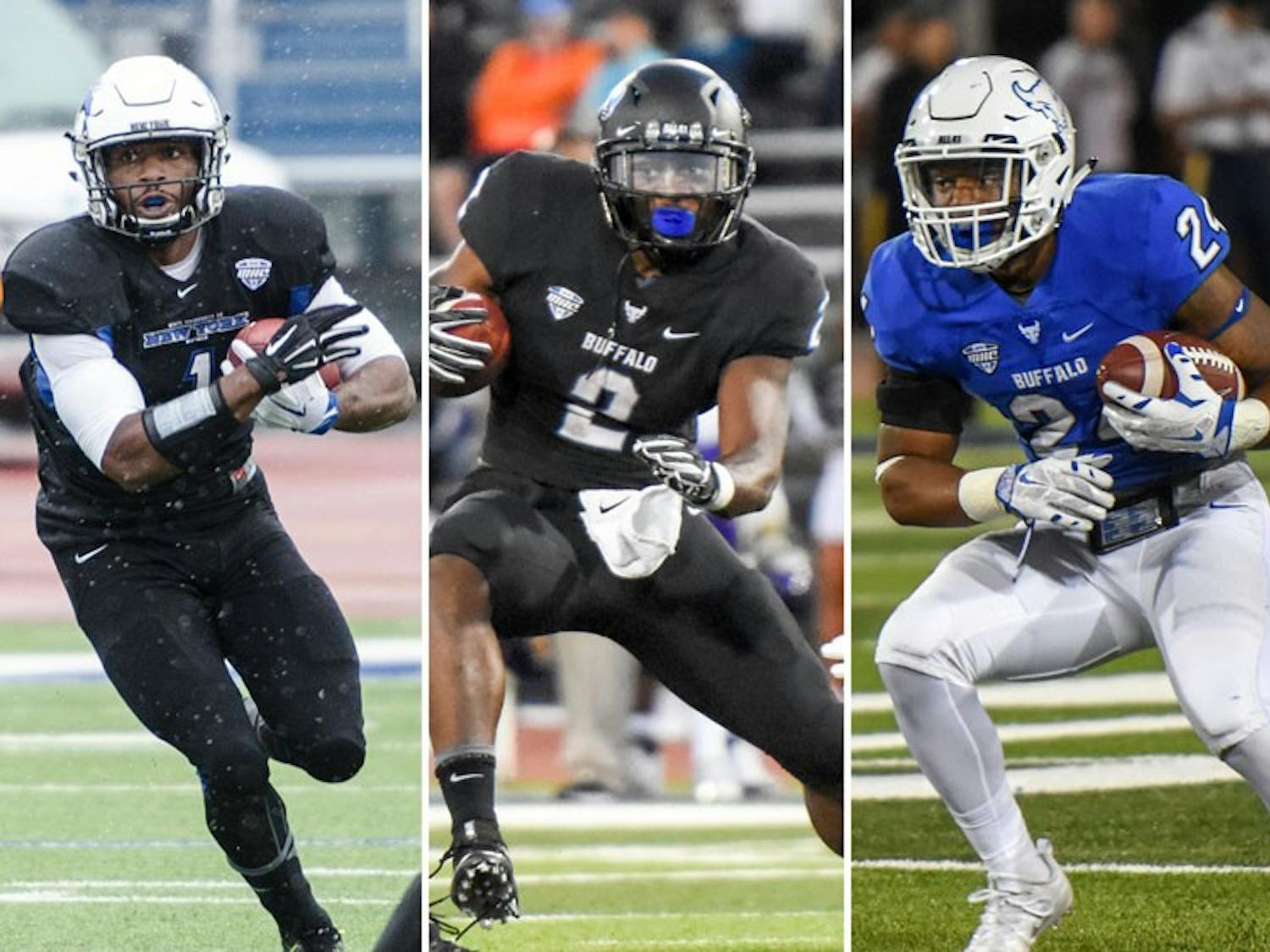 Left to right: Anthone Taylor, Jordan Johnson, Jonathan Hawkins and Branden Oliver are among UB running backs coached by Matt Simon. 