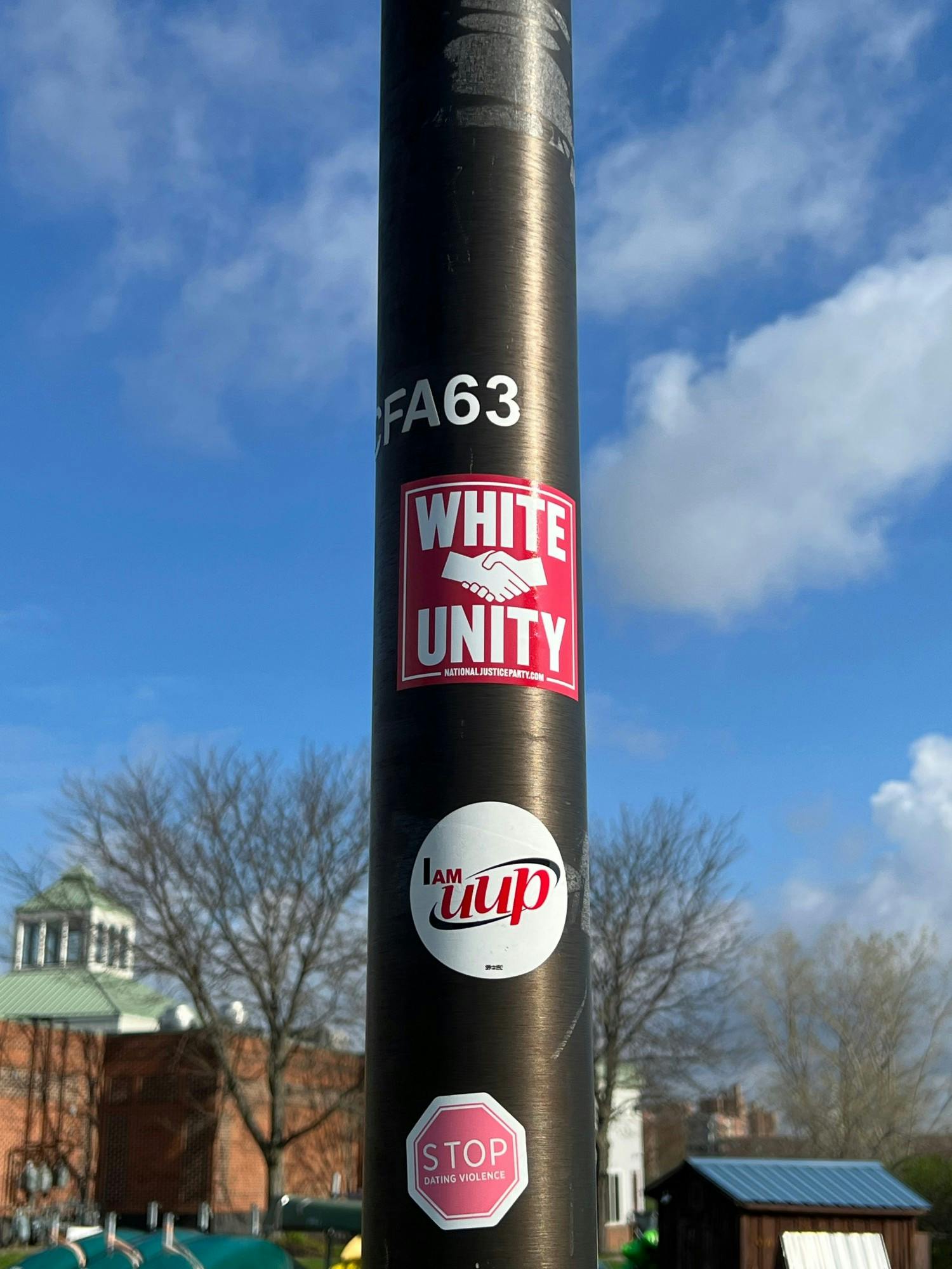 A sticker with the message “white unity” on a lamppost near The Commons.