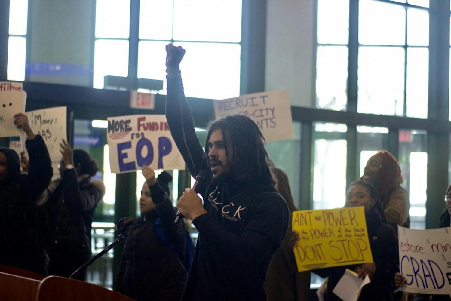 &nbsp;Students demonstrated in the Student Union Friday afternoon and demanded UB change the name of buildings named after Millard Fillmore, increase black faculty and provide more funding for EOP.&nbsp;