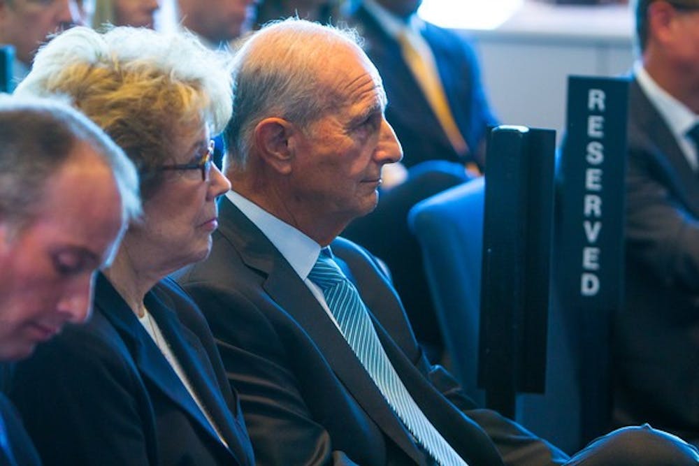 <p>Jeremy Jacobs looks on during the ceremony for his $30 million donation to the medical school, which was then named after him. Other universities have also named their schools after donors - but for much larger sums.  </p>