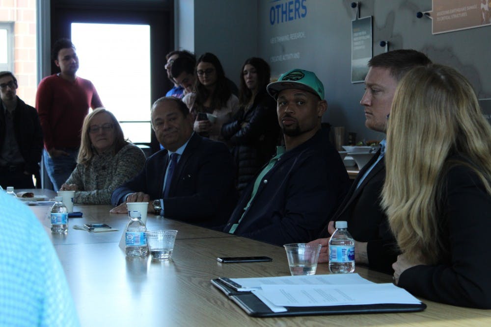 (Left to right) Panelists Lucinda Finley, Paul Cambria, Lorenzo Alexander and Shane Costa discussed First Amendment rights Friday. Their conversation focused on Colin Kaepernick’s demonstrations as well as First Amendment rights for UB student athletes.