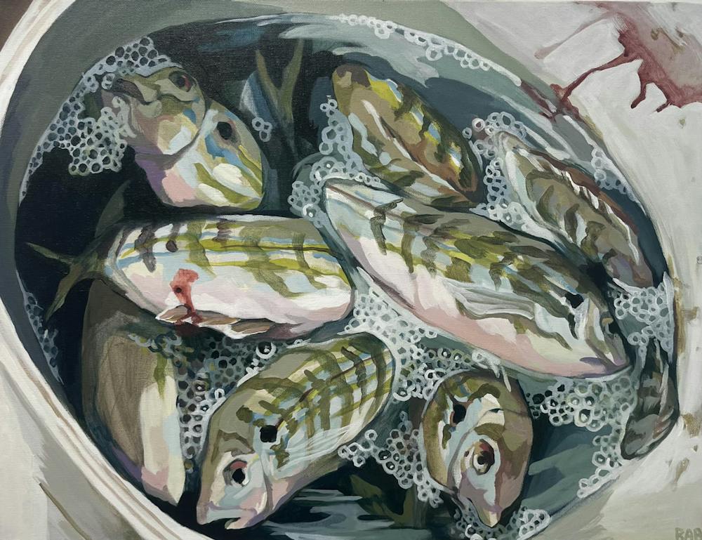 A photo of Robert Burleson's "Pinfish in a Bucket," which he says symbolizes a return to his origins and childhood.