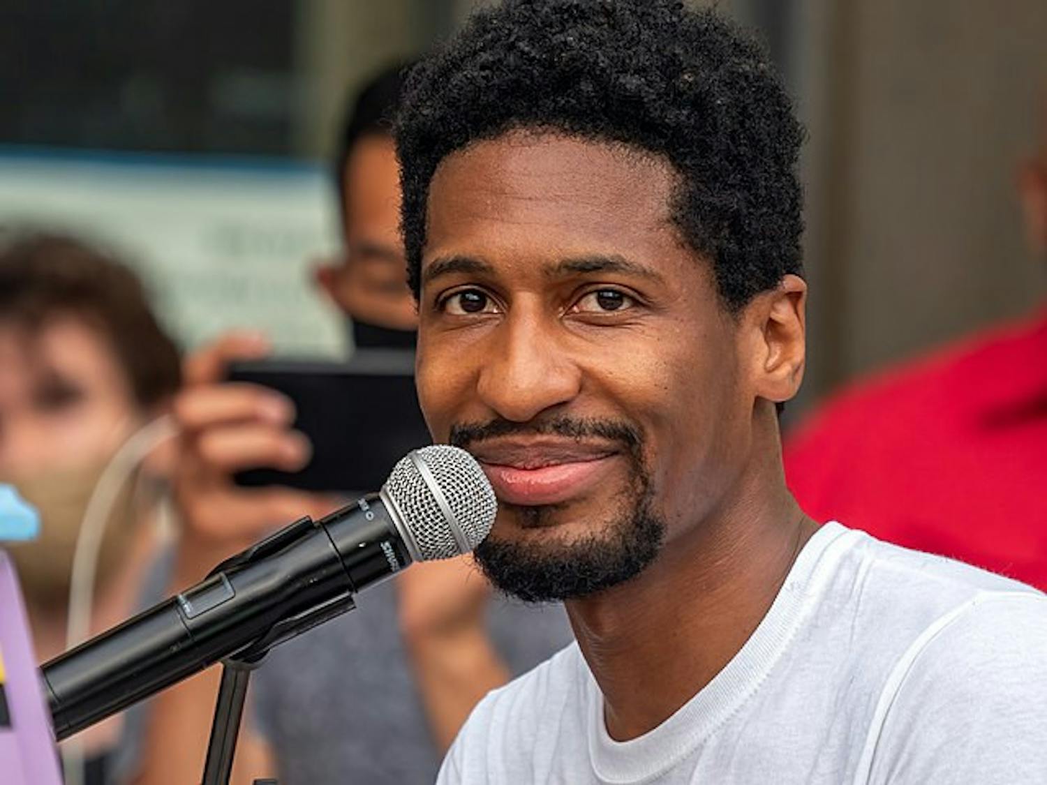 Jon Batiste, seen here playing on Juneteenth, 2020 on the steps of the Brooklyn Public Library in Grand Army Plaza, performed at UB last week.&nbsp;