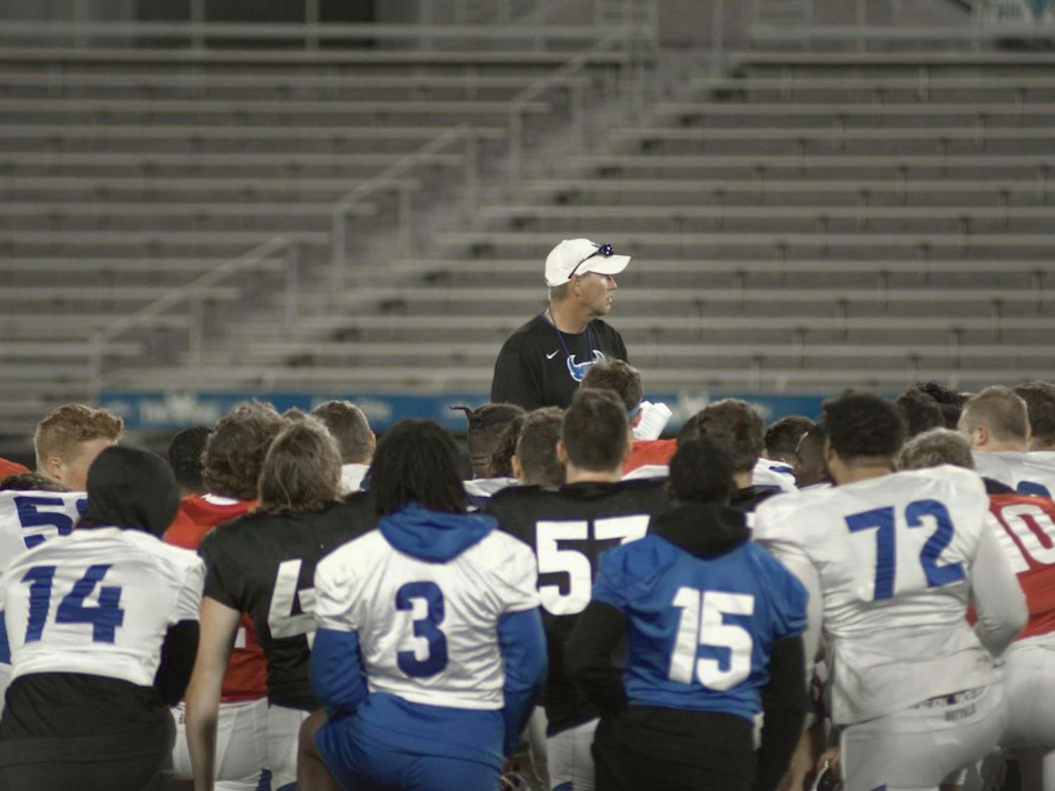 Head football coach Lance Leipold stands at a recent bulls practice. Leipold talked with us before his team’s season opener on Thursday.
