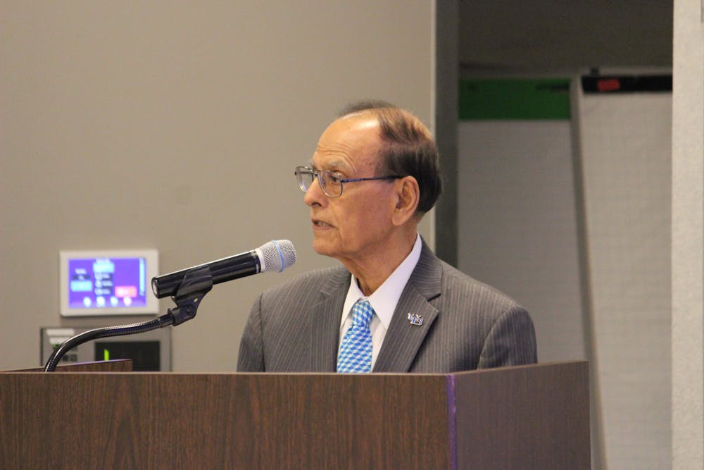 <p>President Satish Tripathi speaking at the second faculty meeting.</p>