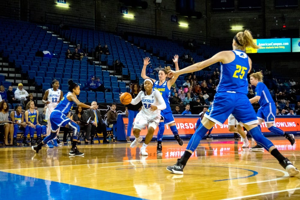 <p>Cierra Dillard gets ready to drive the ball into the hoop. Dillard will be a major factor in these weeks game against the Canisius Golden Griffins.</p>