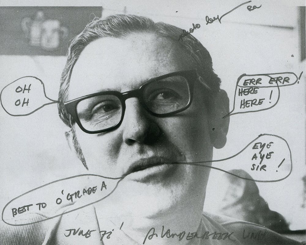 Gerald O'Grady, founder of Media Studies. | Photo by Ruth Abraham, text by Stan Vanderbeek, reprinted from Buffalo Heads: Media Study, Media Practice, Media Pioneers 1973-1990