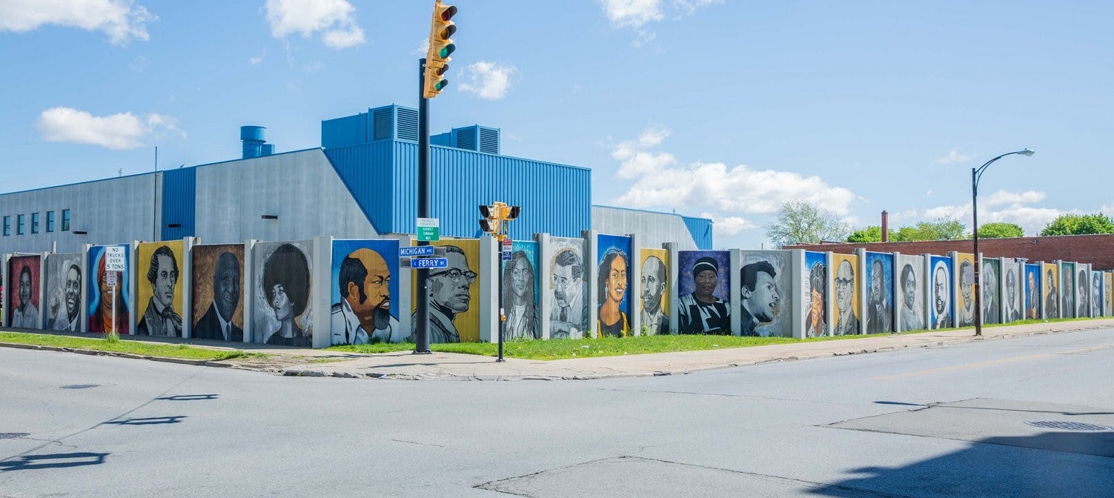 The Freedom Wall, by John Baker, Julia Bottoms, Chuck Tingley and Edreys Wajed, located on the corner of Michigan Avenue and East Ferry Street.&nbsp;