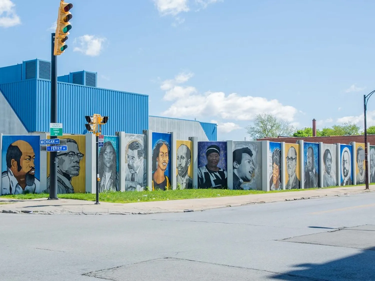 The Freedom Wall, by John Baker, Julia Bottoms, Chuck Tingley and Edreys Wajed, located on the corner of Michigan Avenue and East Ferry Street. 