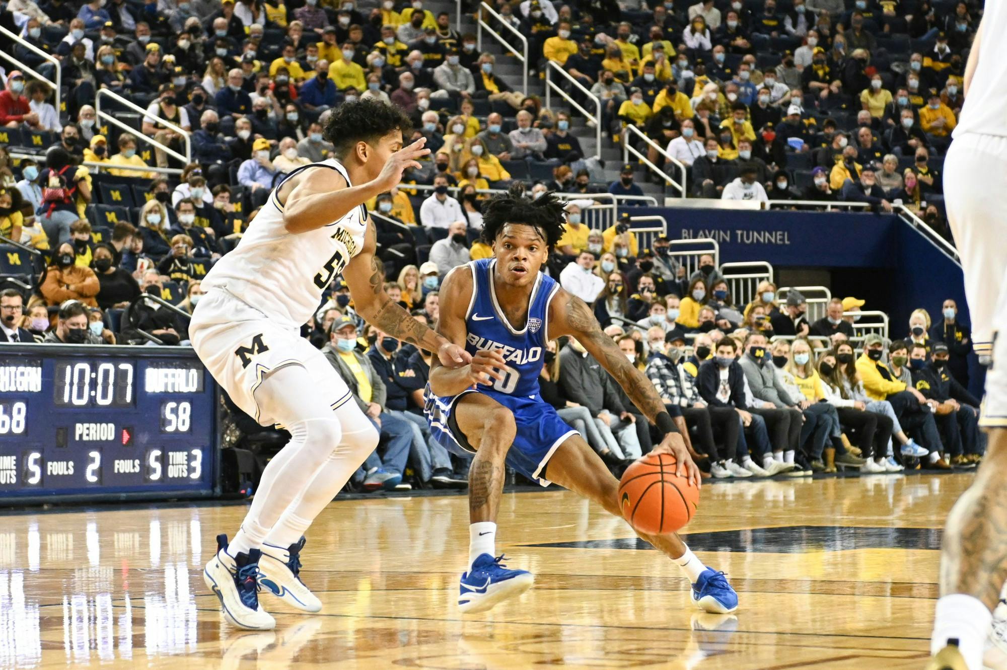 Senior guard Ronaldo Segu drives into the lane during UB's 88-76 loss to Michigan Wednesday evening.