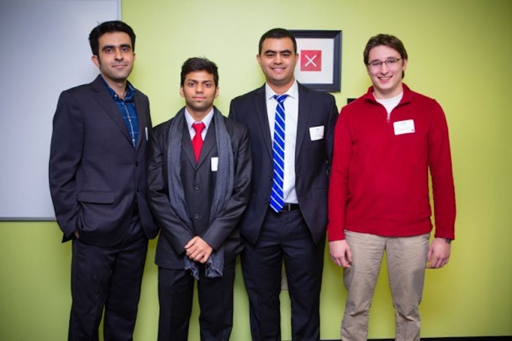 Mahmoud Kamal Ahmadi, Rohan Shah, Jorge Cueto and Joseph Peacock,
in order from left to right,&nbsp;won between $5,000 and $8,000 seed money
for projects they pitched during Entrepreneurship Lab, or &quot;eLab.&quot;&nbsp;
Courtesy of Douglas Levere, UB Reporter