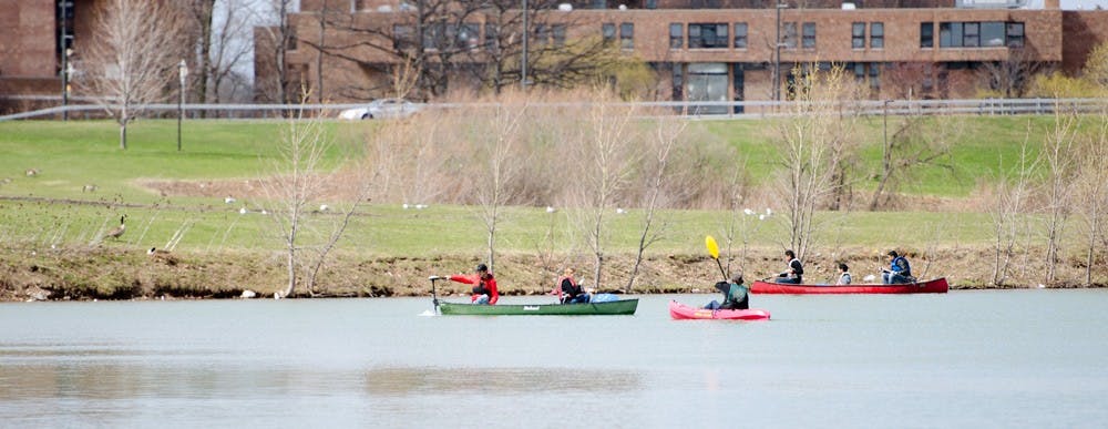 <p>Students from the Outdoor Adventure club and volunteers were able to use kayaks and canoes for the first time to clean up parts of Lake LaSalle's shoreline that were inaccessible by land.</p>