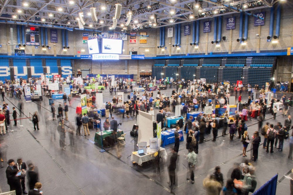 <p>Students gathered in Alumni Arena for UB's Career&nbsp;Fest in Alumni Arena Wednesday. Career&nbsp;Fest is the university's largest career fair that is held annually.&nbsp;</p>