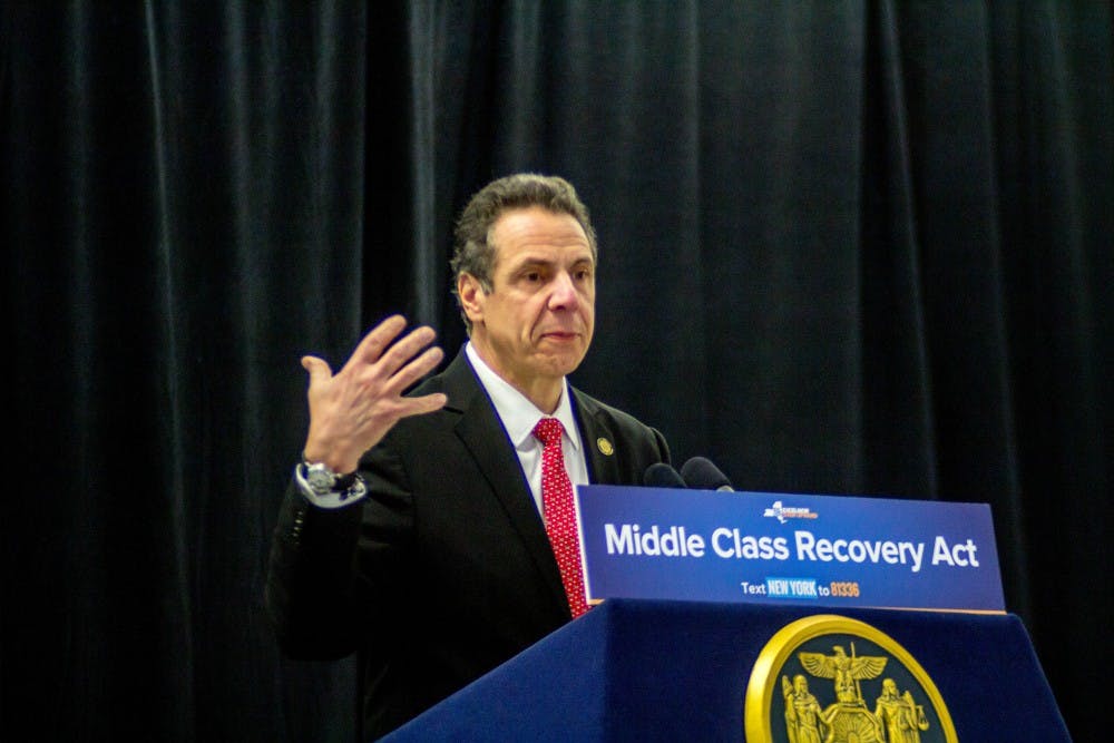 <p>Governor Andrew Cuomo spoke at the downtown campus on Thursday to a crowd of over 300 students, faculty, staff and community members. He signed the Middle Class Recovery Act, which allowed New York State’s Excelsior Scholarship Program to enter a new phase.</p>