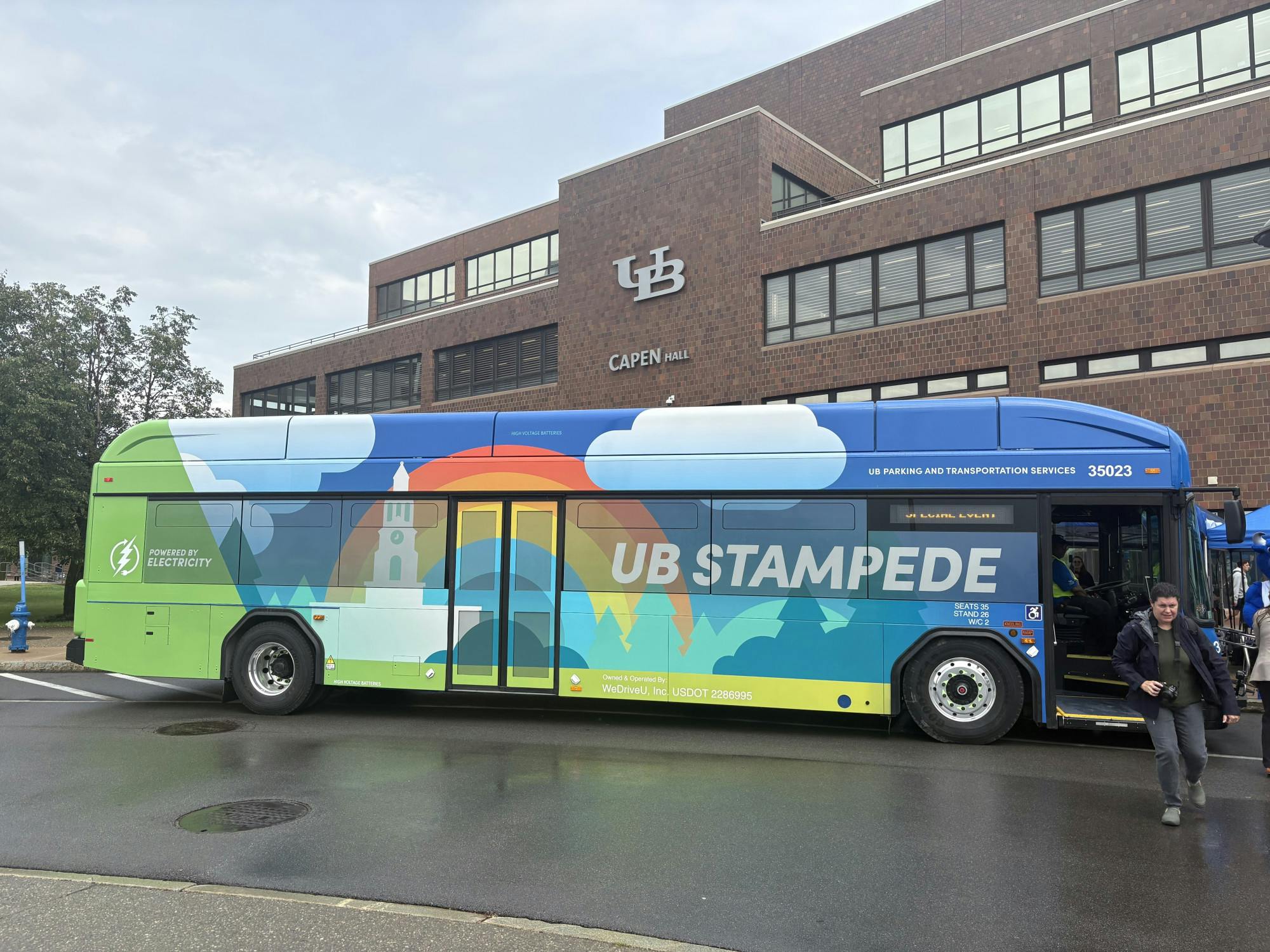 A photo of one of the eight UB electric buses that were unveiled during Monday afternoon's ribbon cutting ceremony.