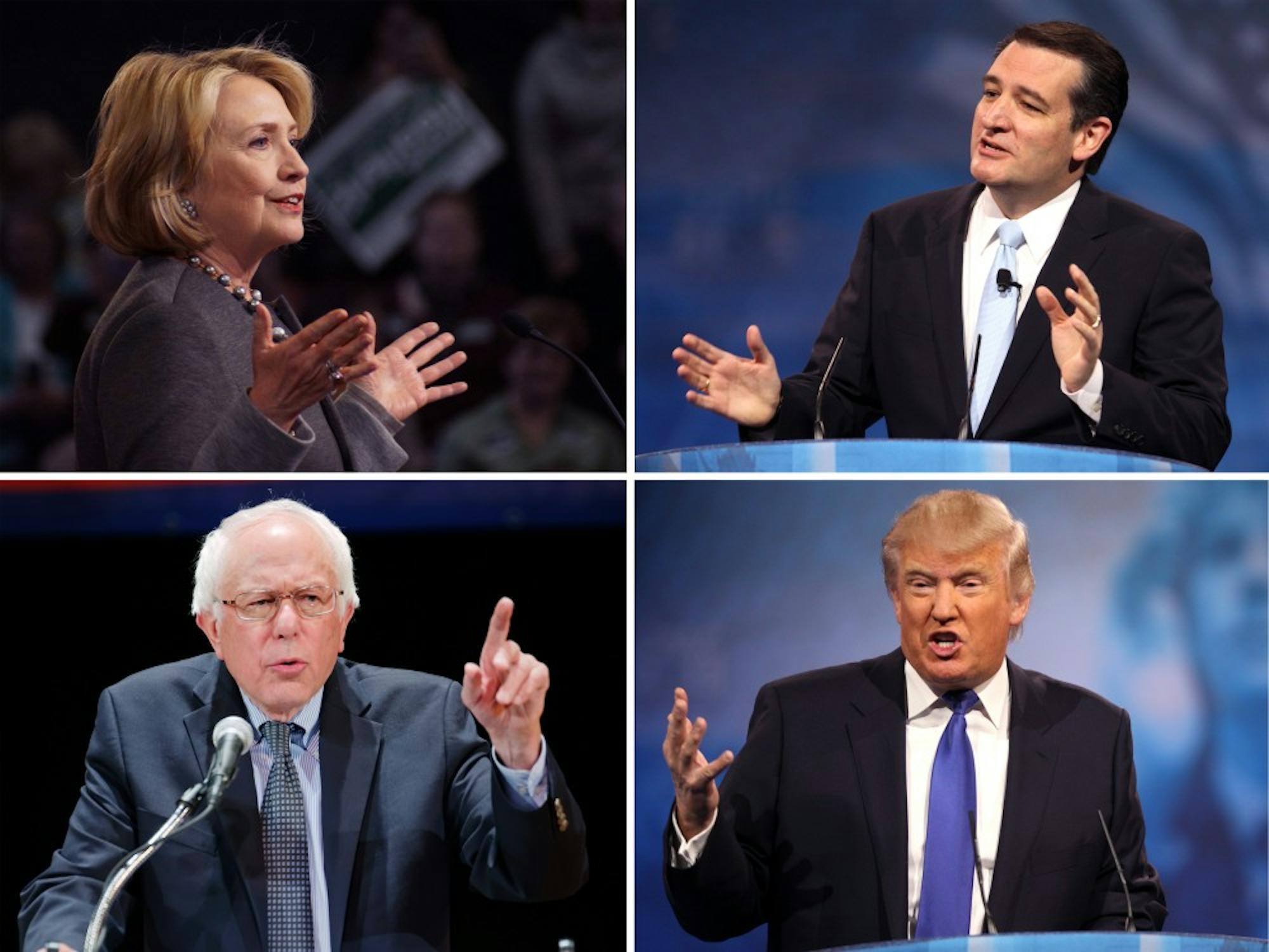 Former Secretary of State Hillary Clinton (clockwise from left), Texas Senator Ted Cruz, Vermont Senator Bernie Sanders and business mogul Donald Trump were frontrunners in the Iowa caucuses Monday.&nbsp;