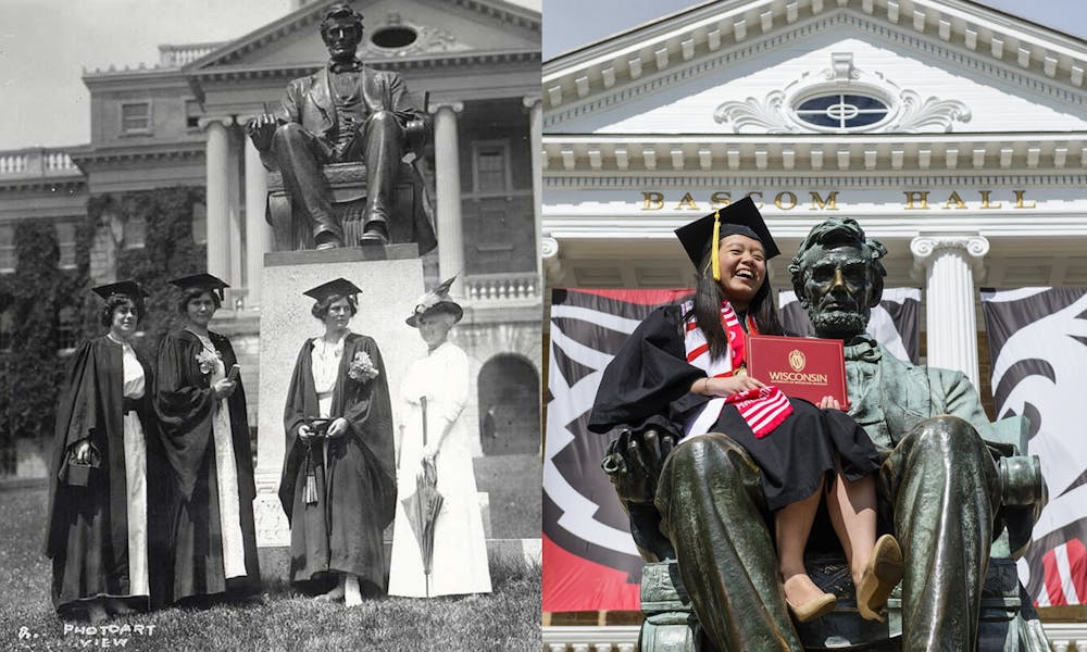 A side by side comparison of women graduates historically and in front of Bascom.