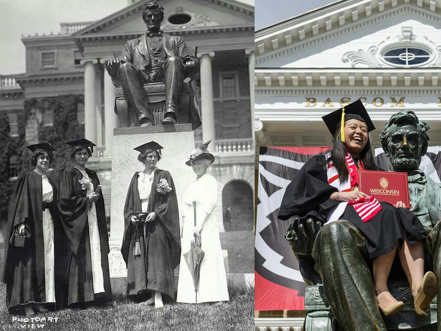 A side by side comparison of women graduates historically and in front of Bascom.