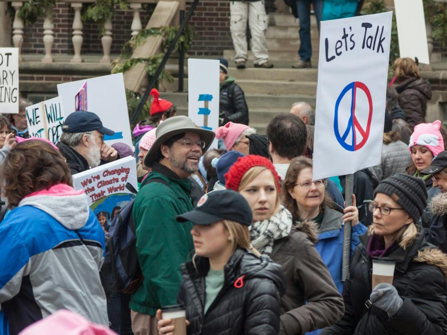 Demonstrators gathered on Library Mall to promote agendas for Industrial Workers of the World, Young Americans for Liberty and Young Americans for Freedom Friday.