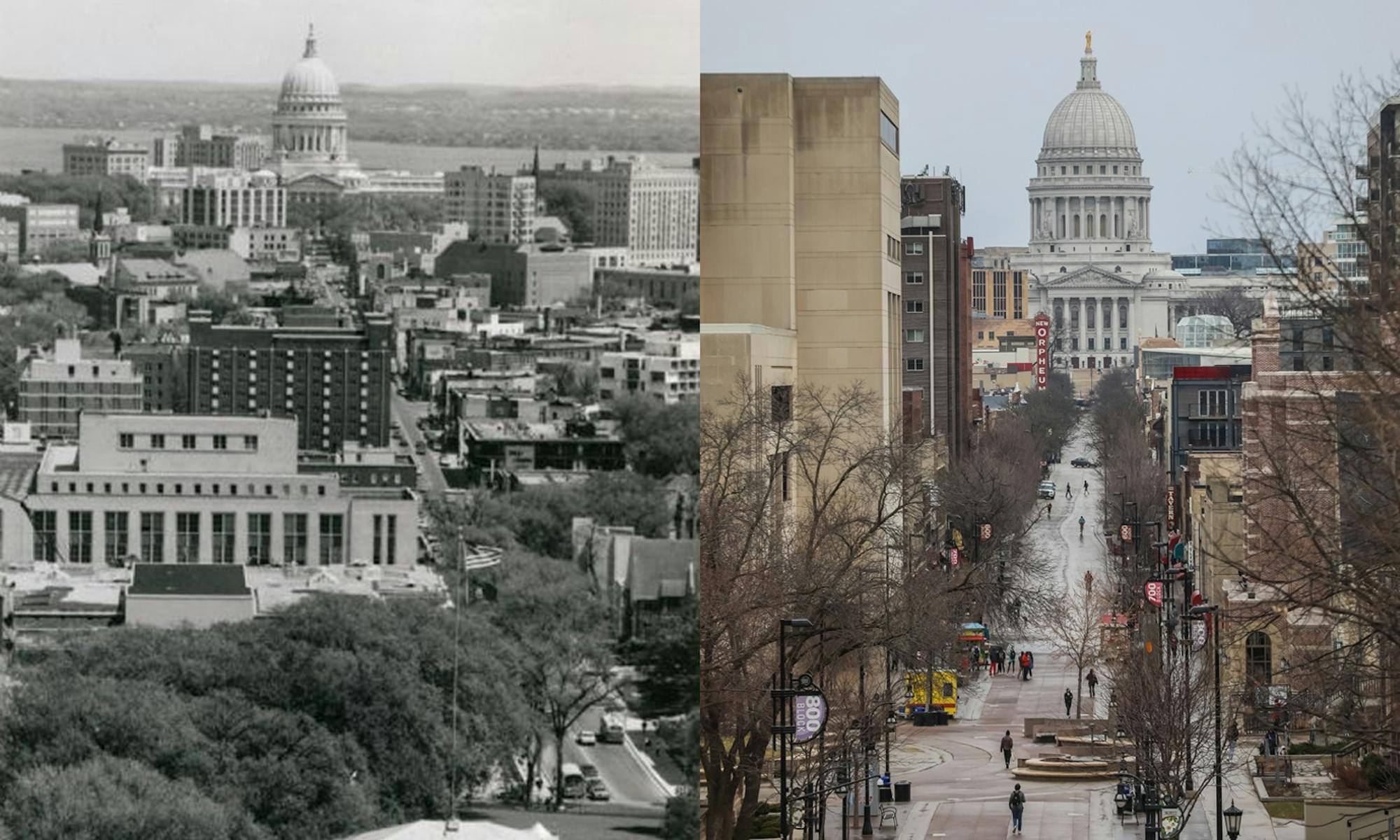 Side by side photos of State Street in 1969 and State Street now.