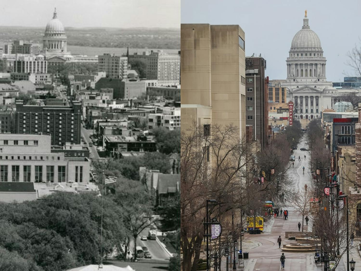Side by side photos of State Street in 1969 and State Street now.