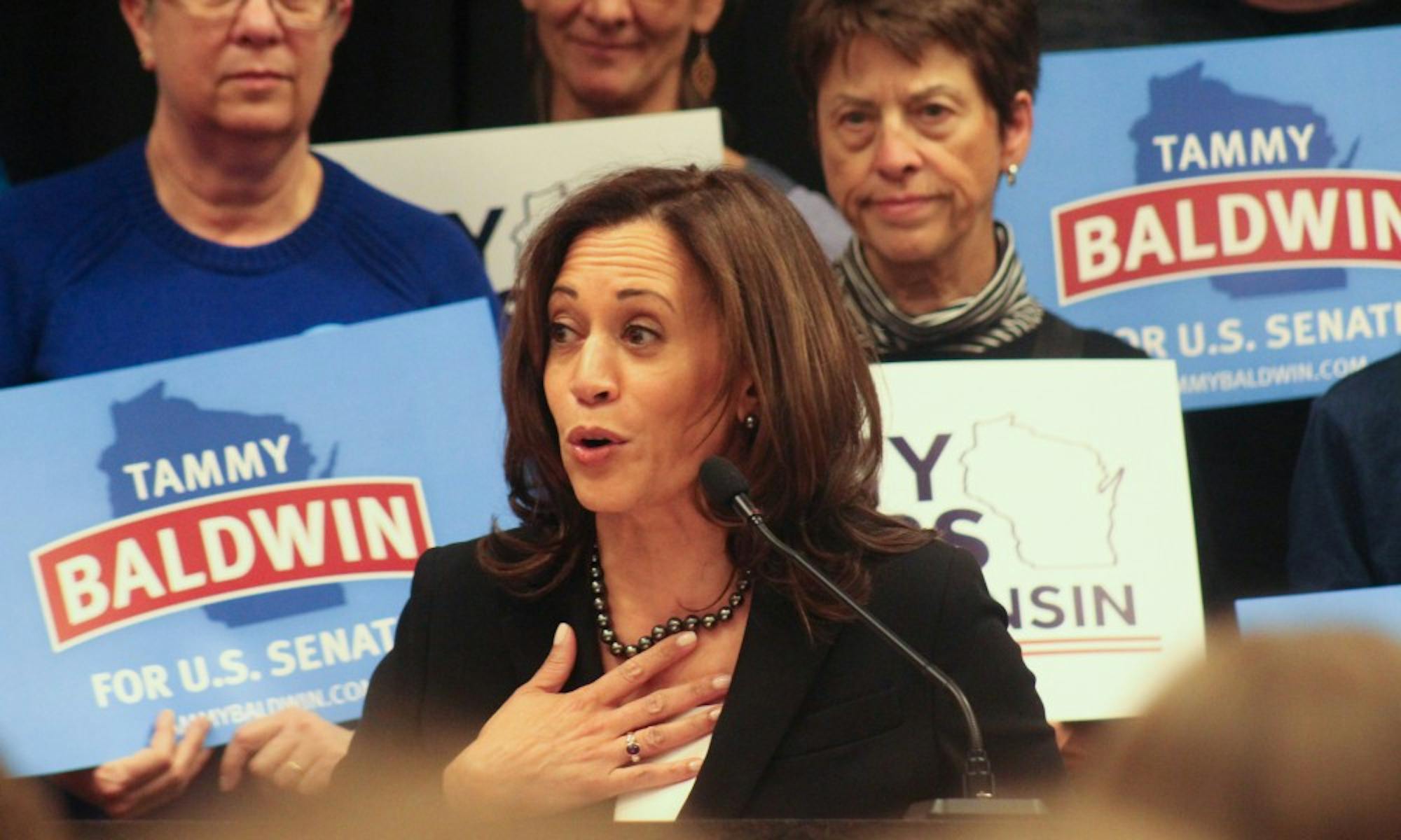 Democratic U.S. Sen. Kamala Harris of California stopped in Wisconsin on Sunday to endorse her colleague Tammy Baldwin for Senate, as well as support Tony Evers’ bid for the governorship.