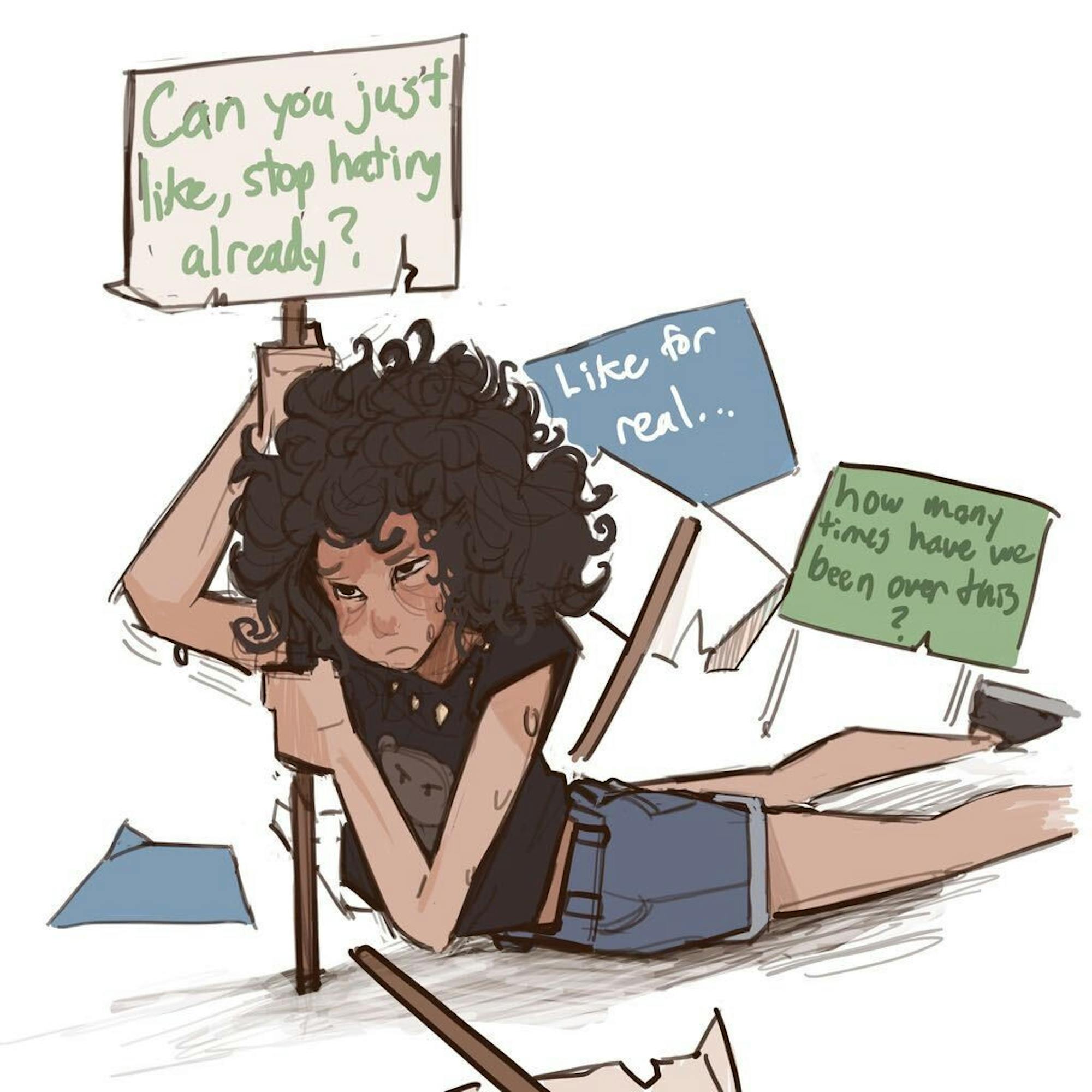 A graphic depicted an exhausted woman holding up a sign that says "Can you just like, stop hating already?"