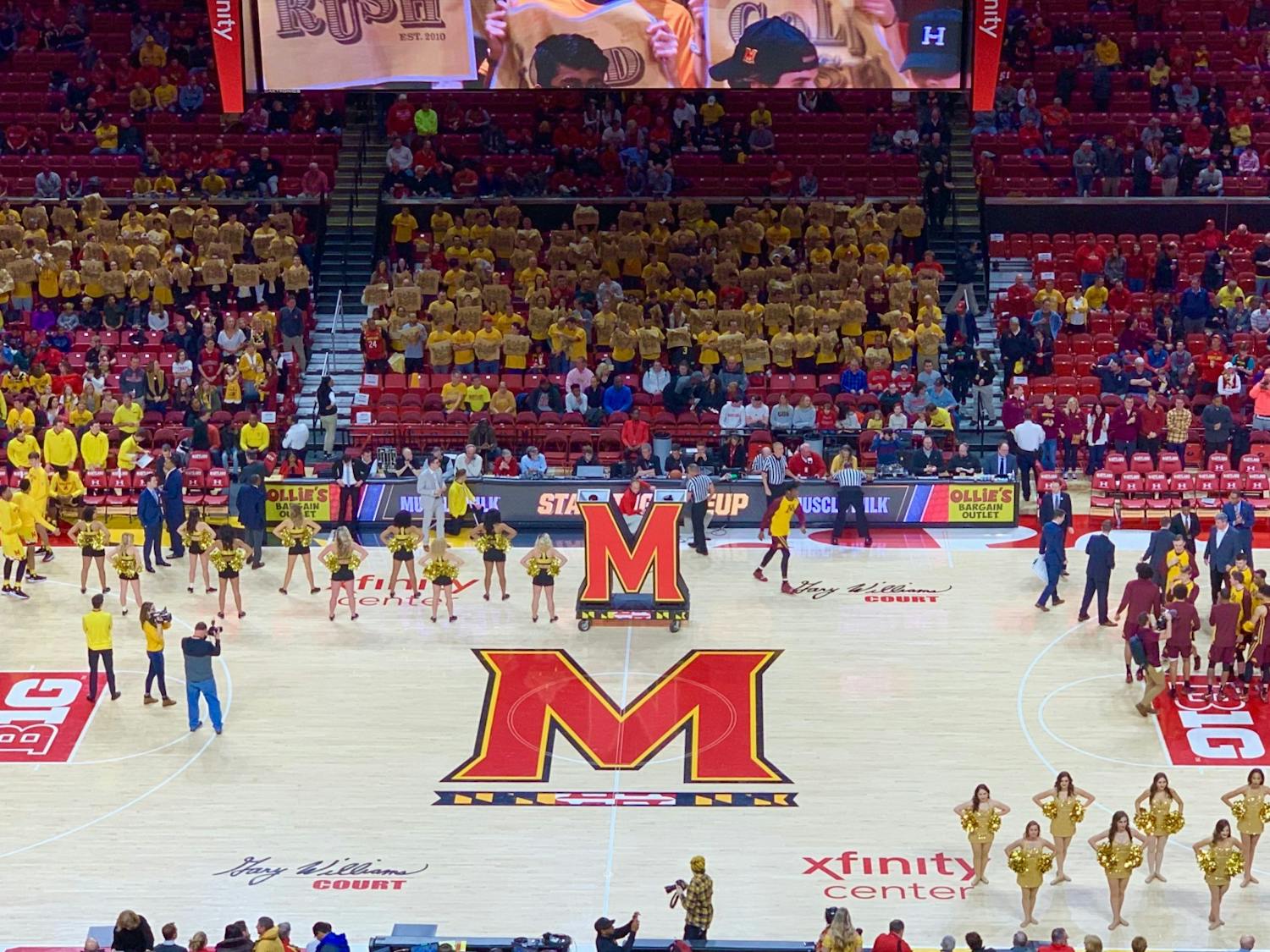 Photo of the Xfinity Center, the home basketball court of the University of Maryland.