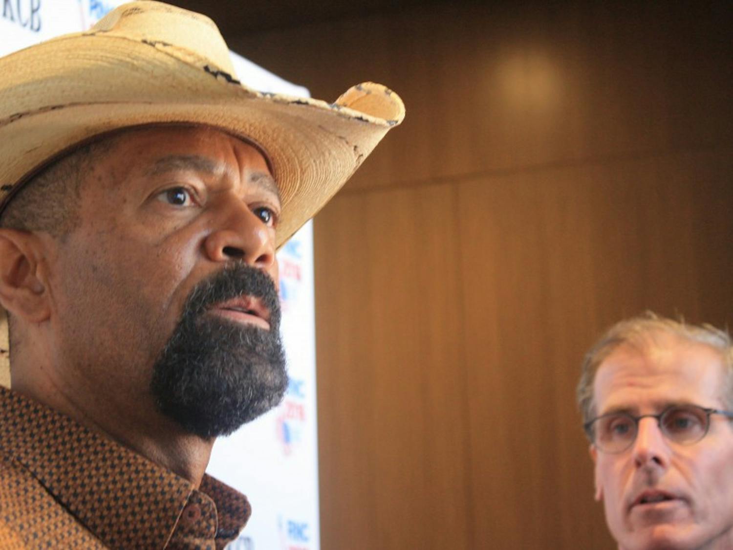 Milwaukee County Sheriff David Clarke said he is a "foot soldier" for the Trump campaign and will be ready to help out in any way. He talked with reporters after his remarks to Wisconsin's delegation Tuesday morning.