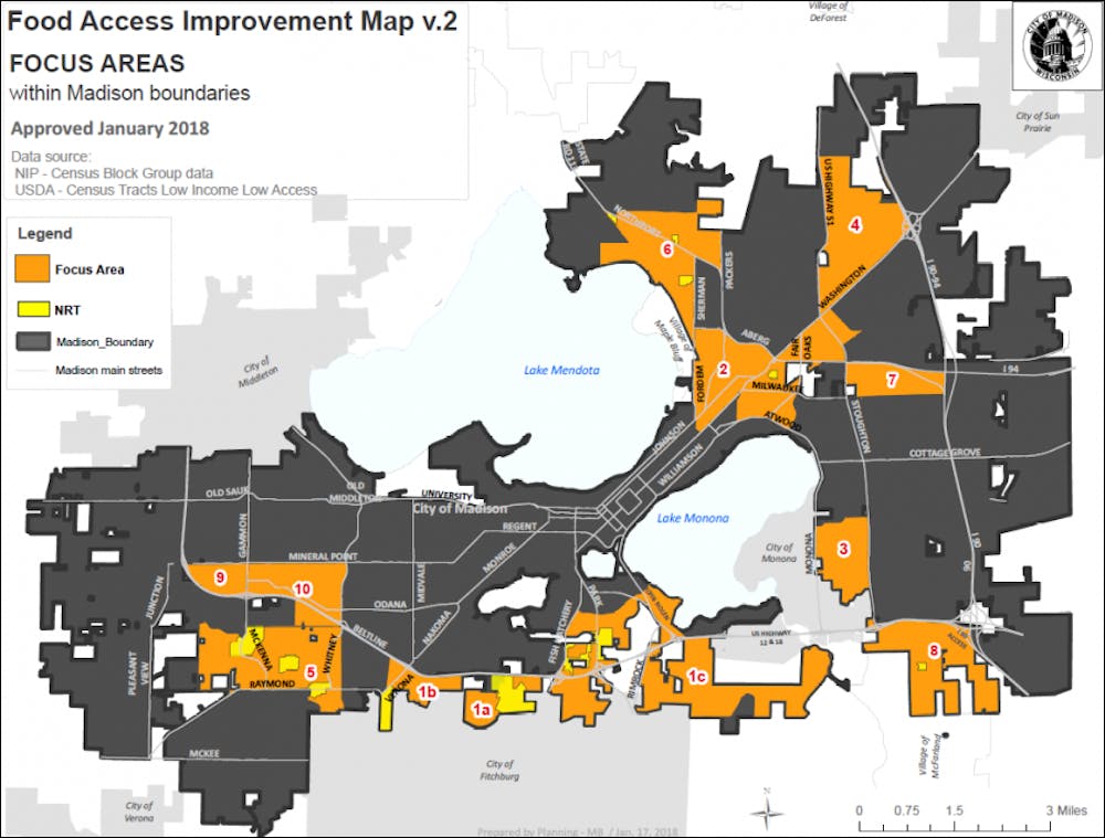 Graphic of focus areas for food access improvement in Madison as of 2018 by the city of Madison.