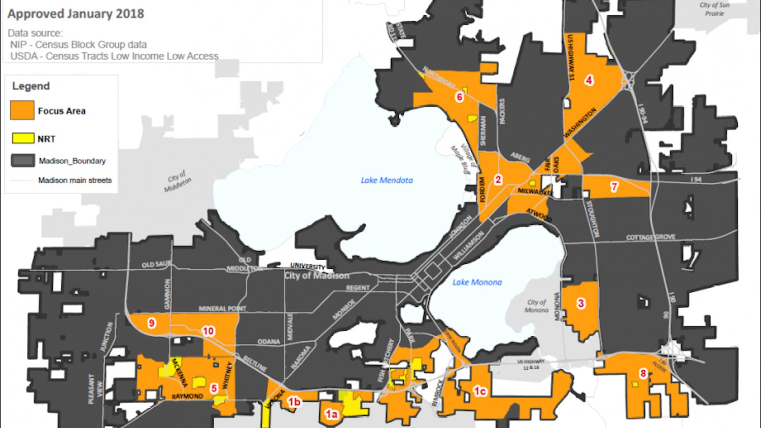Graphic of focus areas for food access improvement in Madison as of 2018 by the city of Madison.
