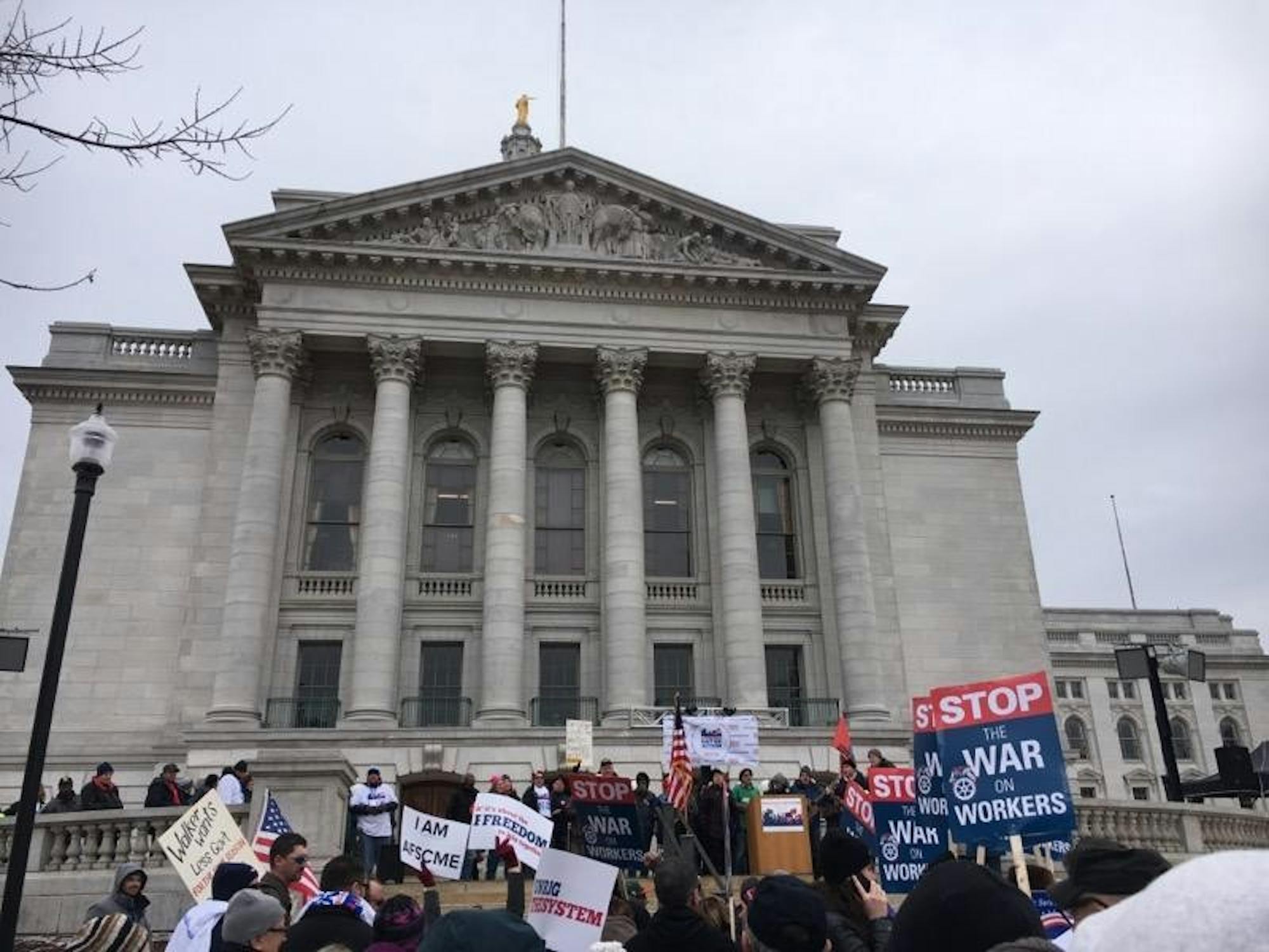 More than 150 activists gathered at the capitol Saturday to protest the decline of union power across Wisconsin.&nbsp;