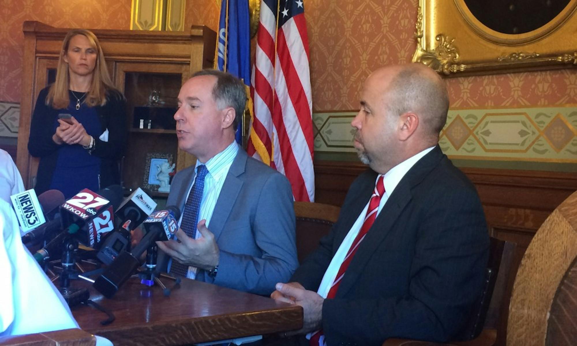 Assembly Speaker Robin Vos and Assembly Minority Leader Jim Steineke address the media after Assembly Republicans maintained their majority in elections Tuesday.