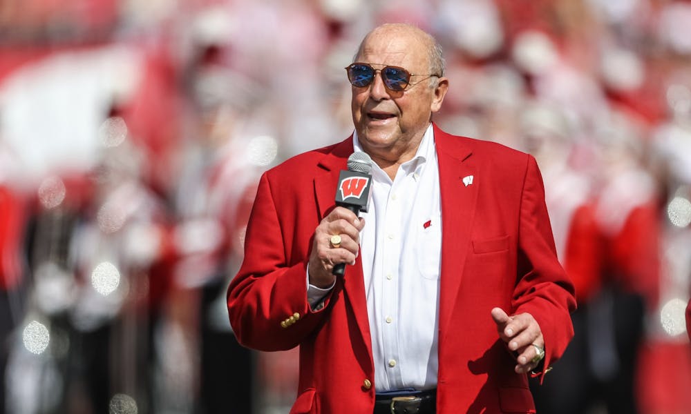Barry Alvarez speaks during halftime at his dedication ceremony at Camp Randall.