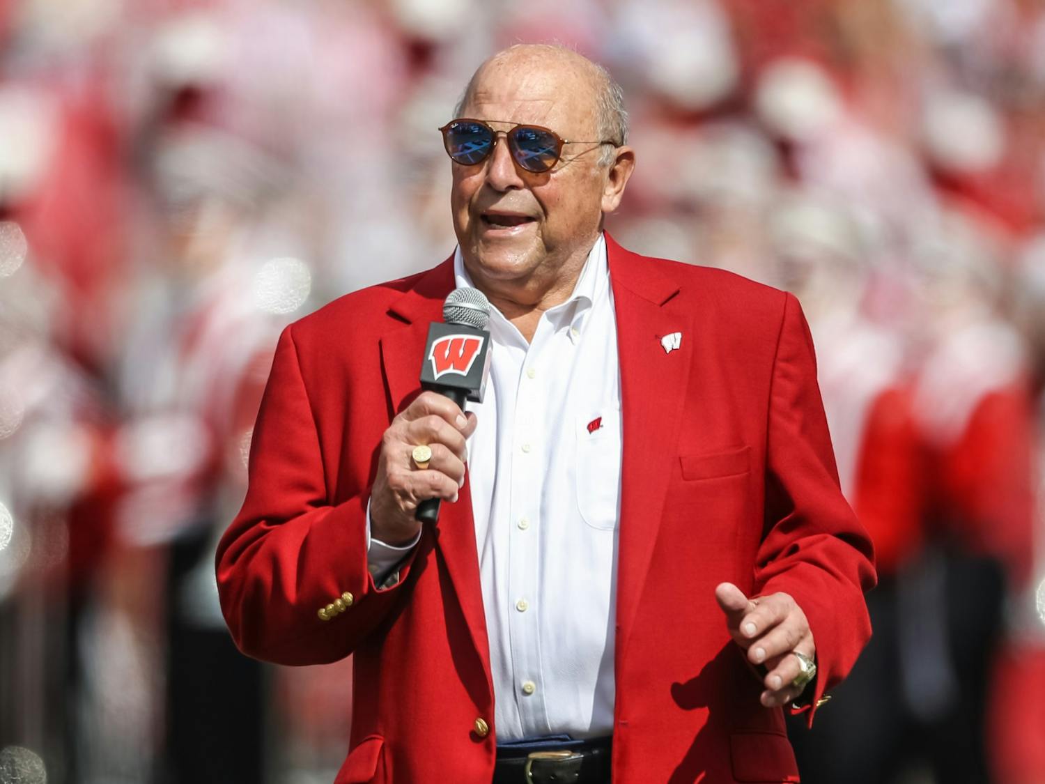 Barry Alvarez speaks during halftime at his dedication ceremony at Camp Randall.