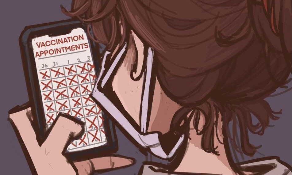 Graphic depicting a women searching for Covid-19 vaccine appointments on her cell phone.