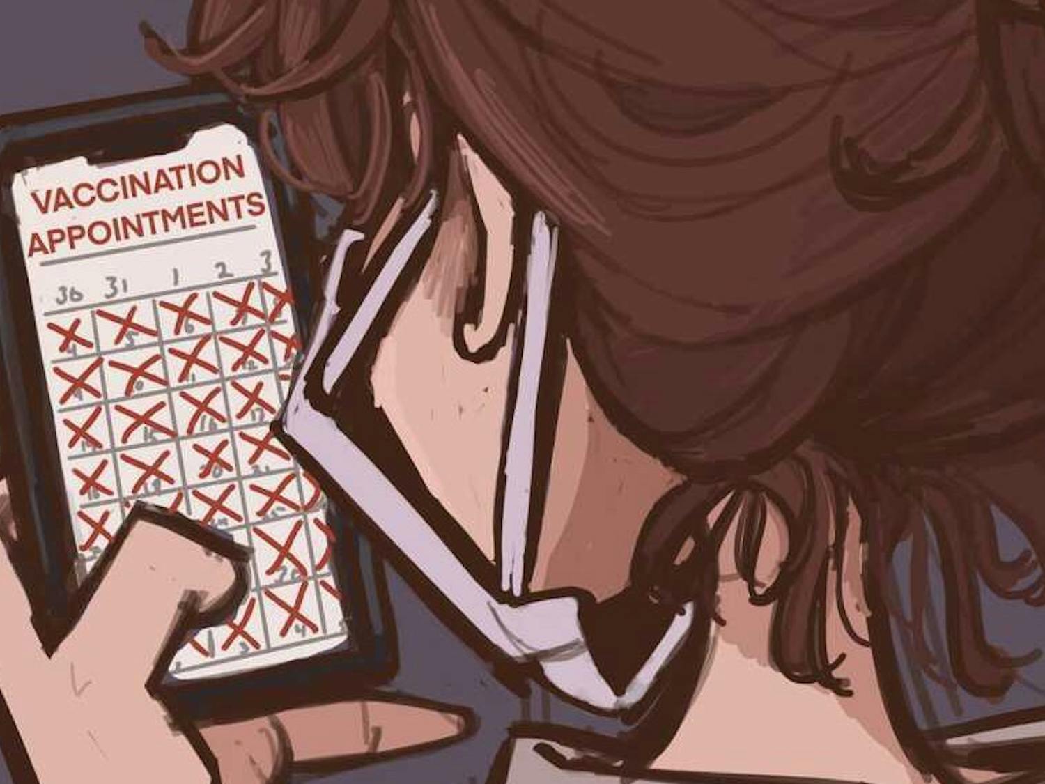 Graphic depicting a women searching for Covid-19 vaccine appointments on her cell phone.