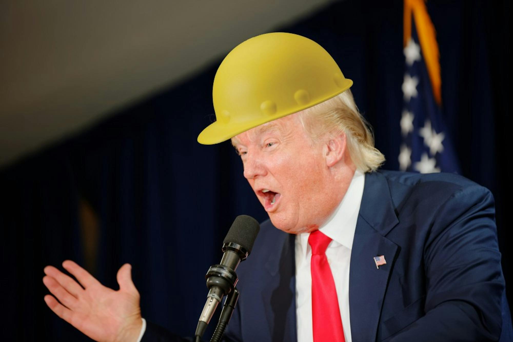 Trump forgot to remove his helmet after appraising a gold mine.