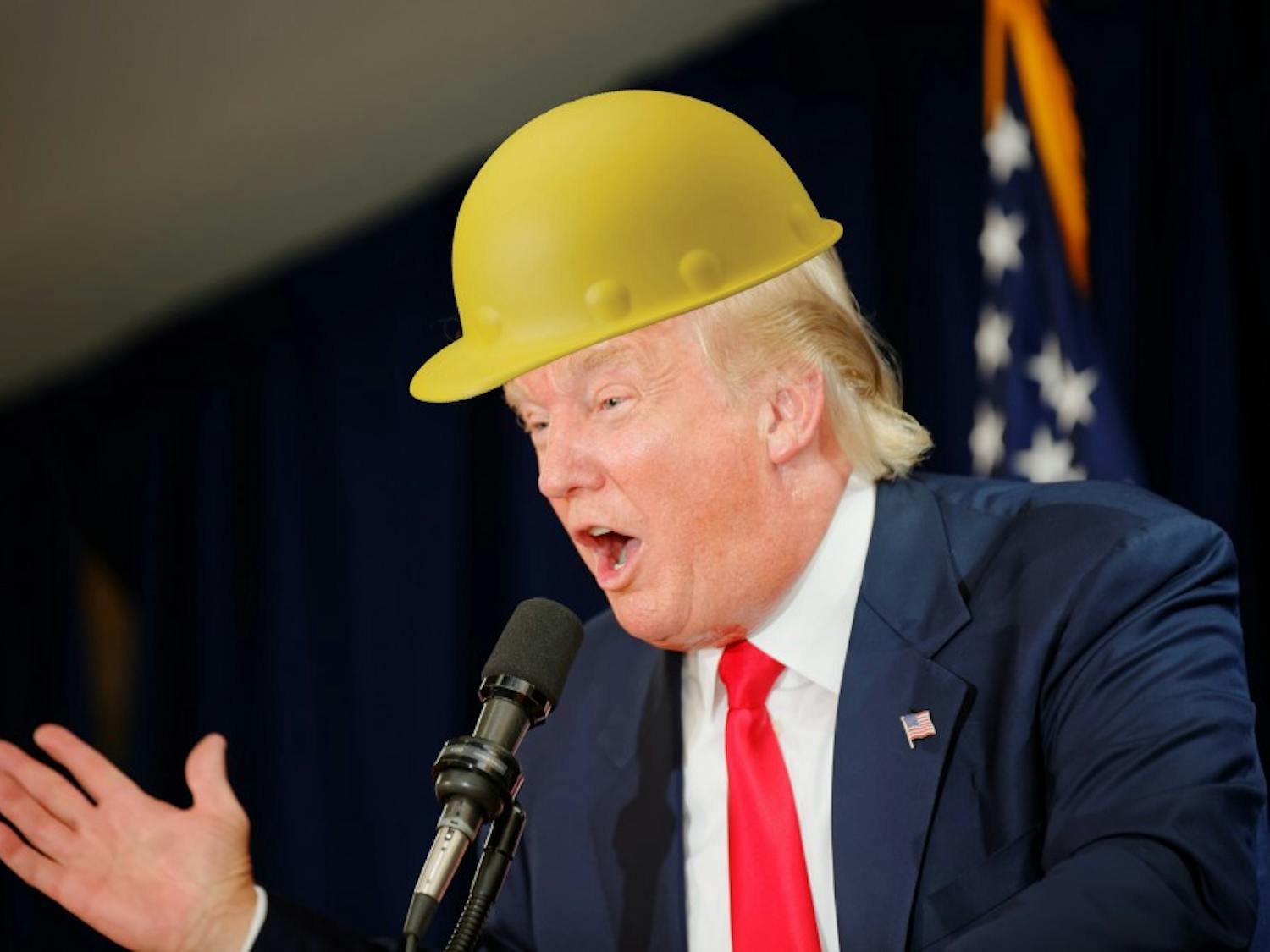 Trump forgot to remove his helmet after appraising a gold mine.