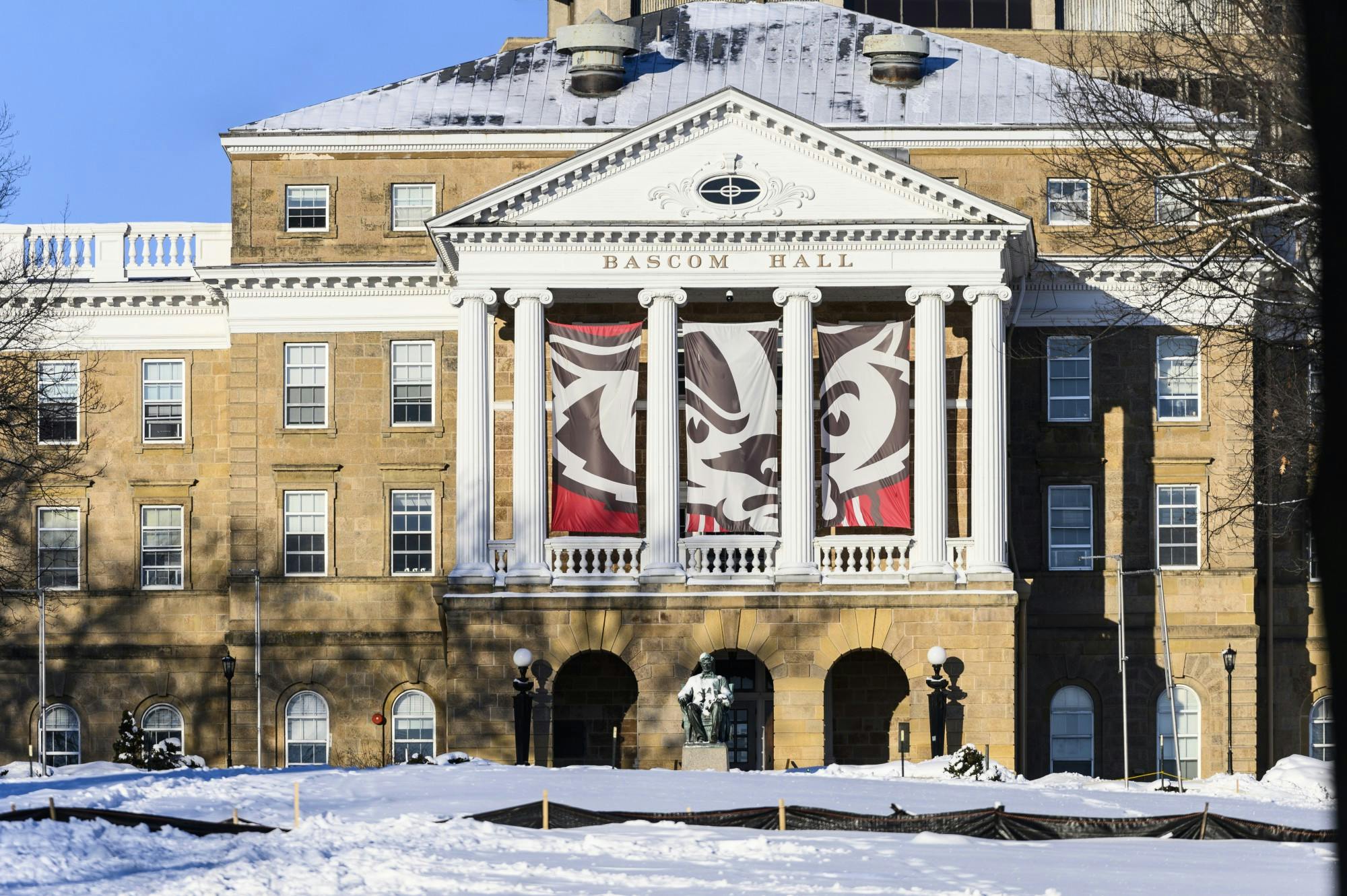 A snow-covered Bascom Hill and Bascom Hall at the University of Wisconsin-Madison