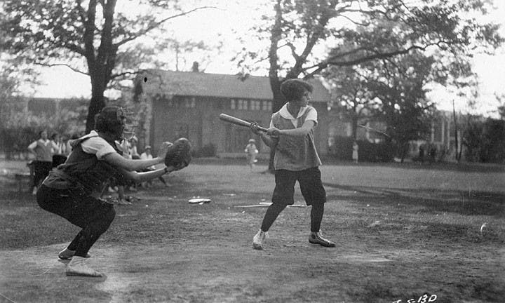 Two women utilize the makeshift baseball facilities UW-Madison had available to students in 1928.