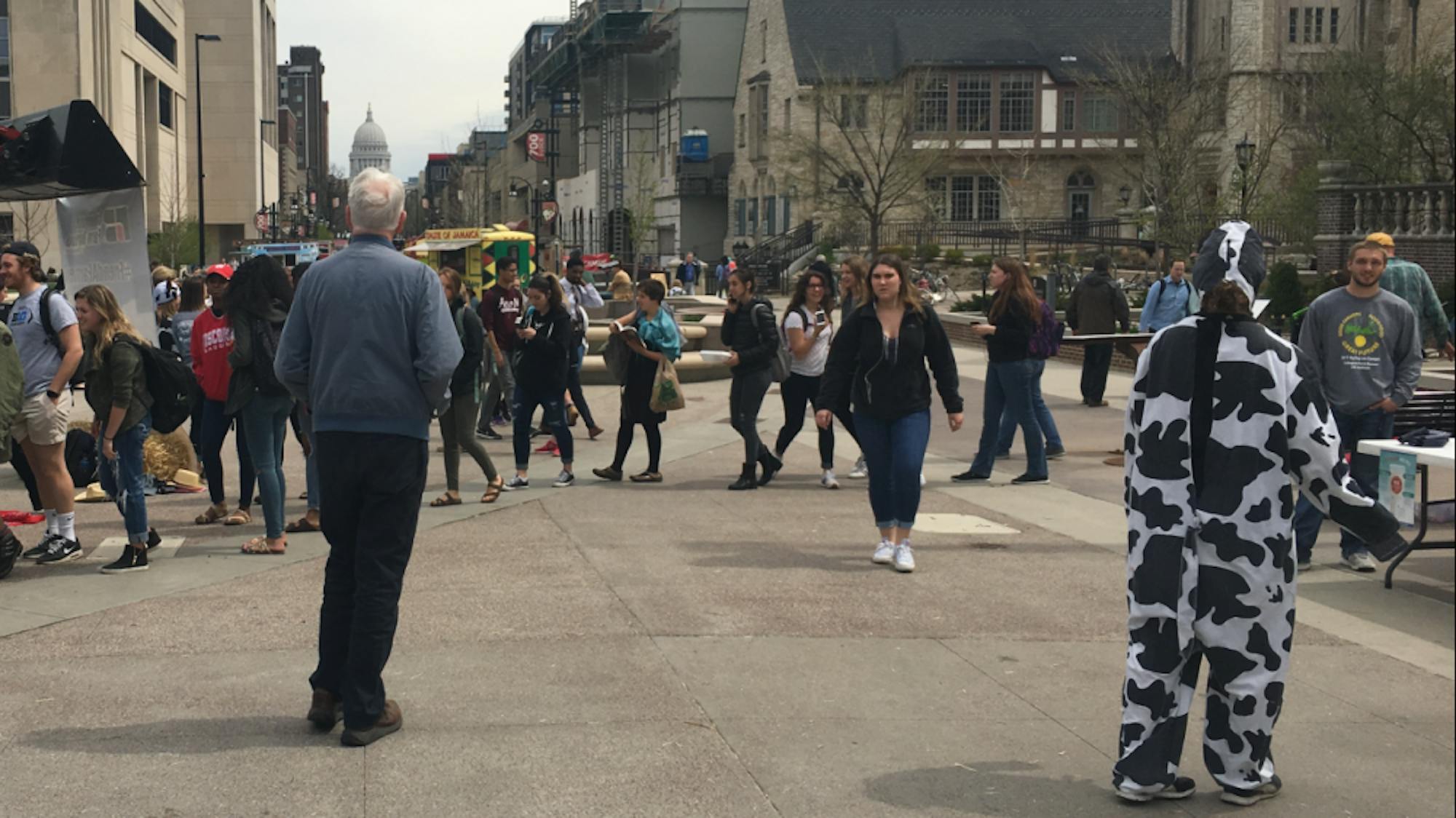 Students wait in line for free local food as a cow costume-donning student looks on.