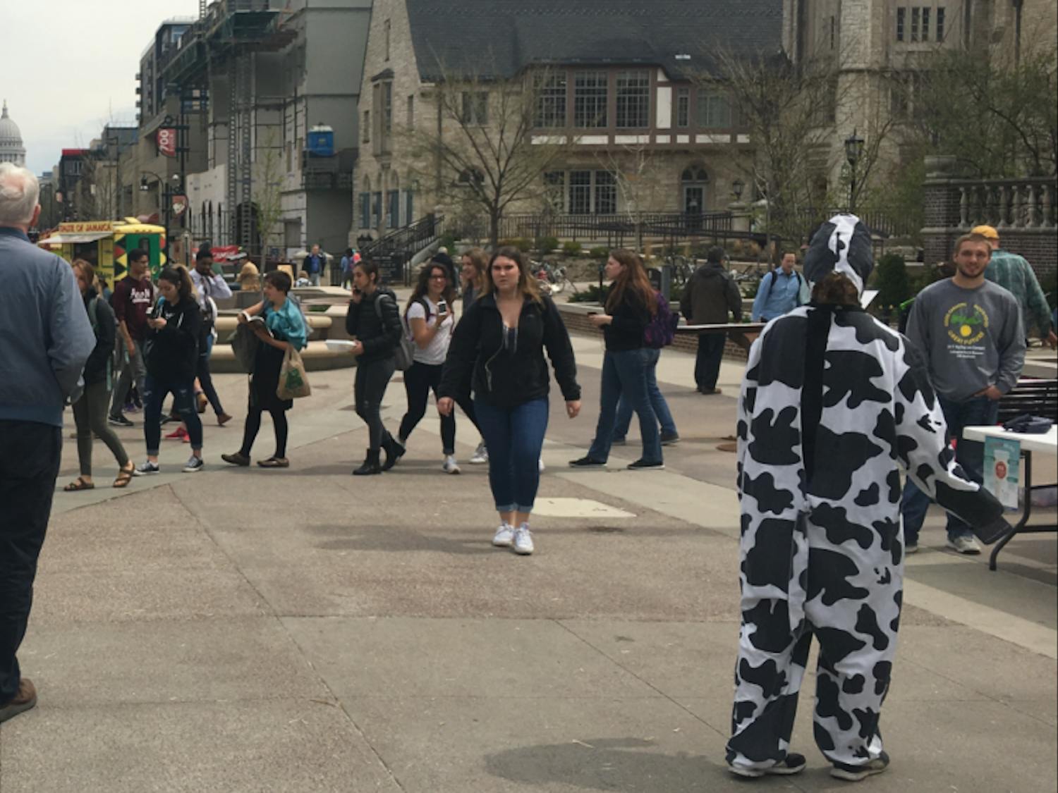 Students wait in line for free local food as a cow costume-donning student looks on.