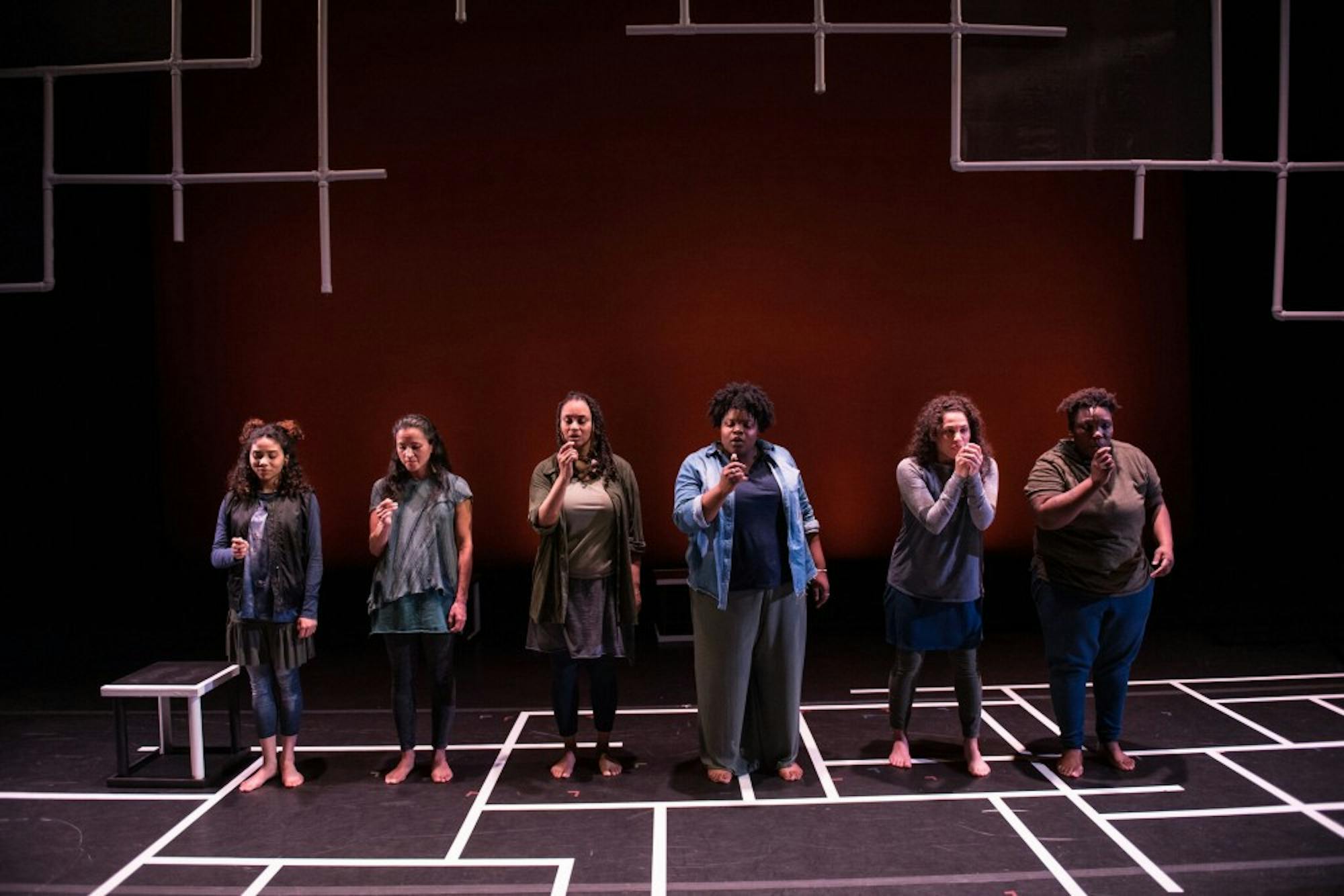 The cast of LINES: A Theatre LILA Invention from left to right:&nbsp;Laetitia Hollard, Yadira De La Riva, Olivia Dawson, Lachrisa Grandberry, Aidaa Peerzada, and Mercedes White. 