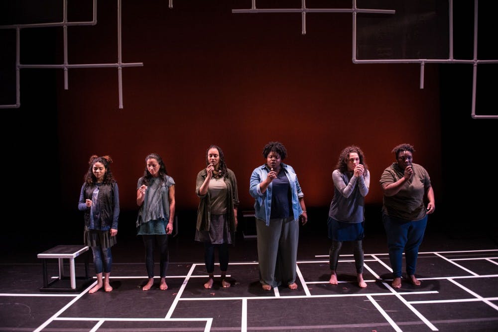The cast of LINES: A Theatre LILA Invention from left to right:&nbsp;Laetitia Hollard, Yadira De La Riva, Olivia Dawson, Lachrisa Grandberry, Aidaa Peerzada, and Mercedes White. 