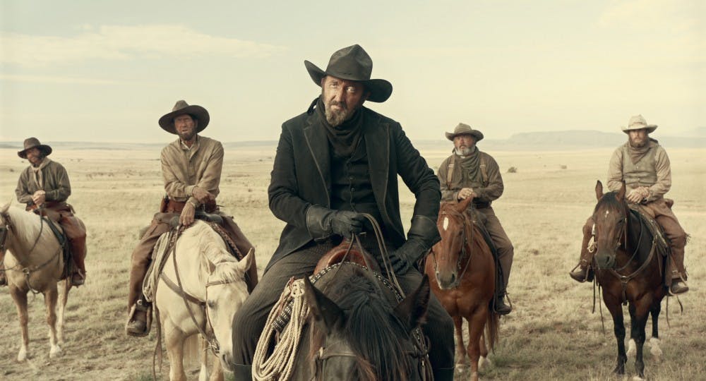 Ralph Ineson as "The Man in Black" in The Ballad of Buster Scruggs, a film by Joel and Ethan Coen.